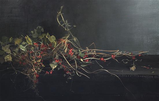 Peter Newcombe (b.1943) Berries on a ledge, 24 x 36in.